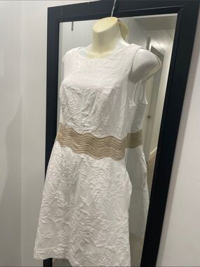Lilly Pulitzer Sleeveless White DRESS w/Gold Waistband pockets 6 jacquard NWOT